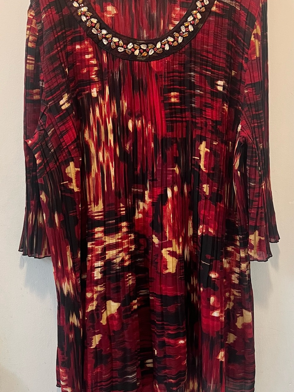 Catherines Red and Cream Patterned Womens Tunic with Jeweled Neckline